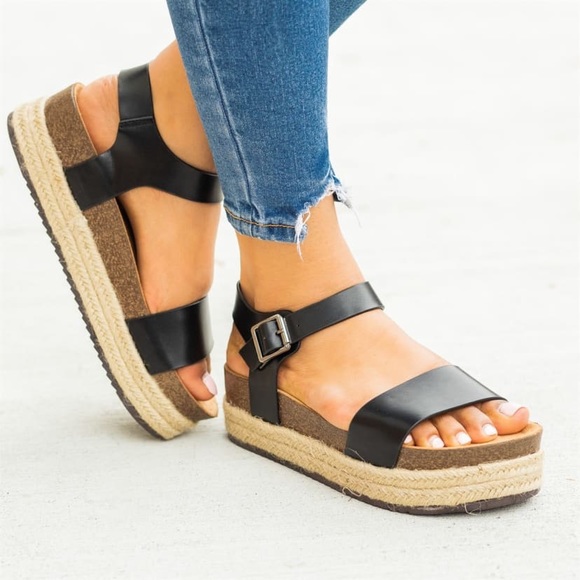 Trendy Espadrille Black Flatform Sandals - Picture 1 of 2